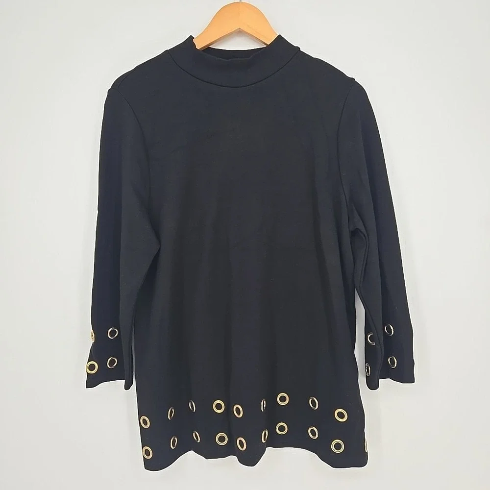 Chico's Size 2/Womens L Black Tunic Top Shirt Gold Grommets Basic Everyday - Picture 1 of 6